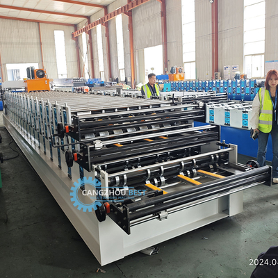PLC Control Hydraulic Cutting Tr4 Tr5 Corrugated Three Layer Roofing Sheet Machine Untuk Peru