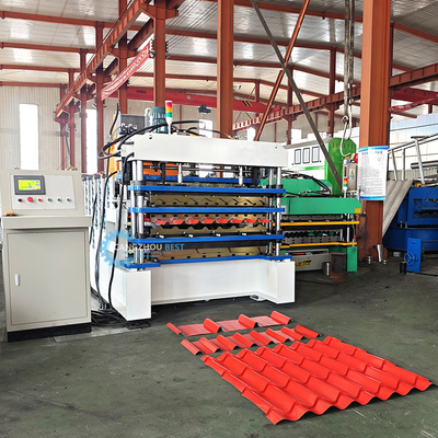 PLC Control Hydraulic Cutting Tr4 Tr5 Corrugated Three Layer Roofing Sheet Machine Untuk Peru