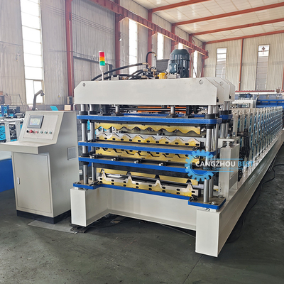 PLC Control Hydraulic Cutting Tr4 Tr5 Corrugated Three Layer Roofing Sheet Machine Untuk Peru