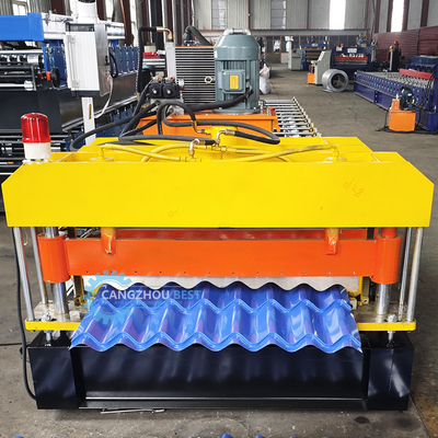Brazil Material Ketebalan 0,3-0,8mm Mesin Roll Forming Metal Steel Roof Tile Membuat Hydraulic Cutting