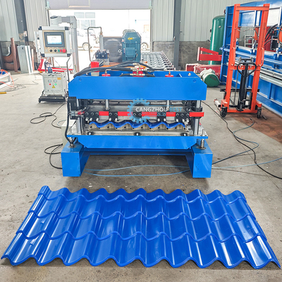 Meksiko Desain Populer Roofing Tile Roll Forming Machine Hydraulic Guide Pillar 3D Cutter Spanyol